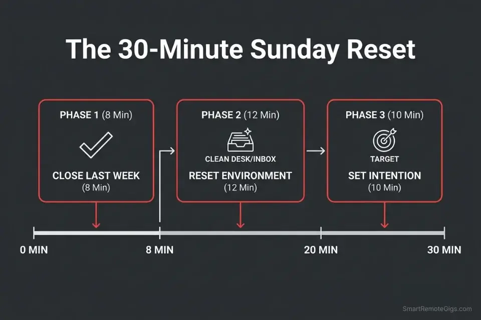 A 30-minute timeline breakdown for weekly planning, including closing the loop, resetting the environment, and setting intentions.
