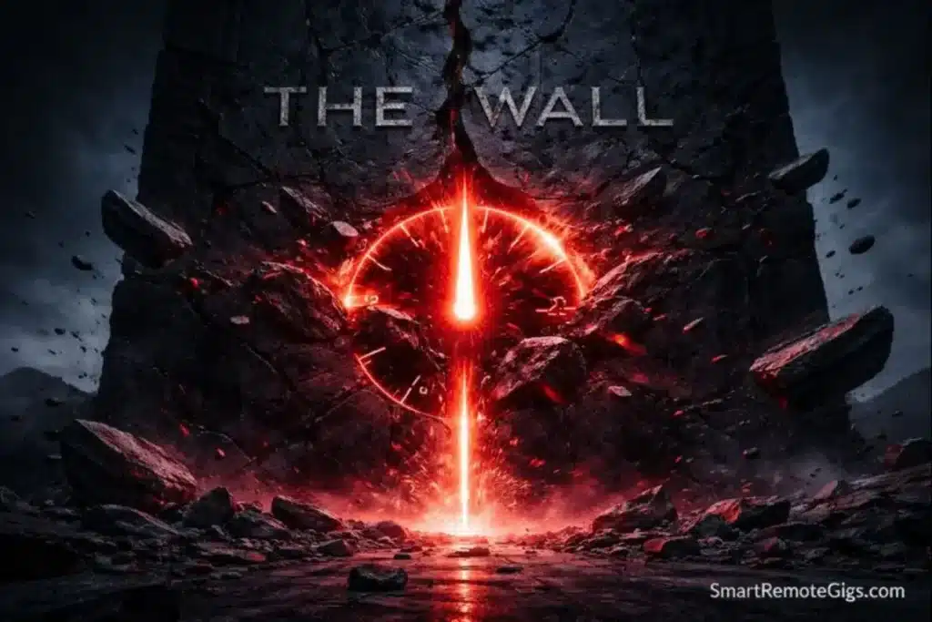 A dark stone wall labeled 'The Wall' being shattered by a glowing red timer light.