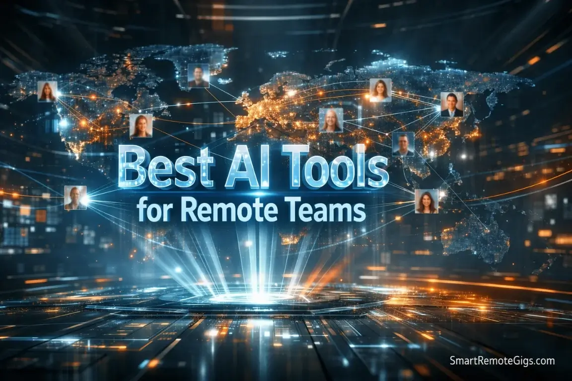 A futuristic digital map showing the best AI tools for remote teams connecting global workers in 2026.