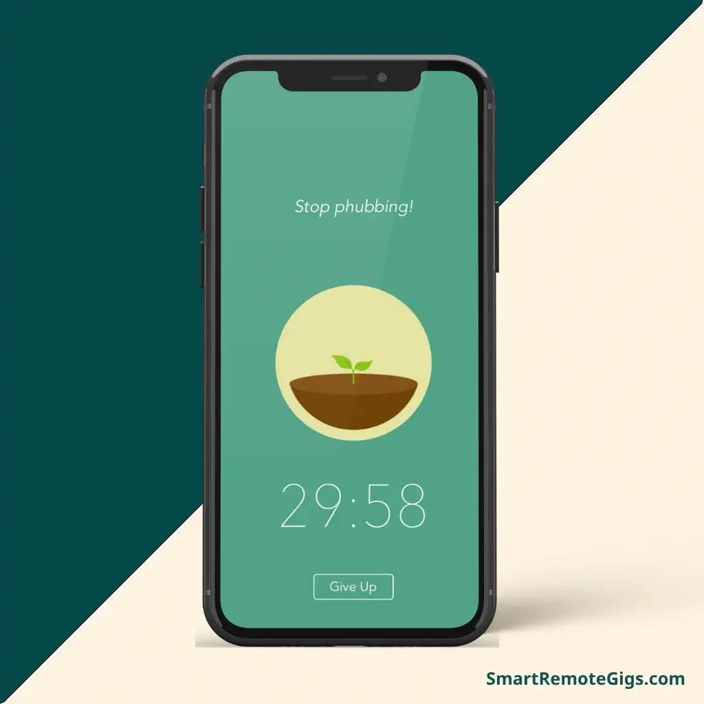 A screenshot of the Forest Pomodoro app, showing its tree-growing interface, displayed within a professional smartphone mockup.