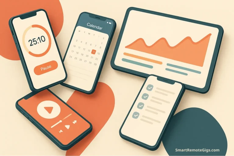 An abstract arrangement of smartphones and a tablet displaying various app interfaces, representing a review of the best Pomodoro timer apps.