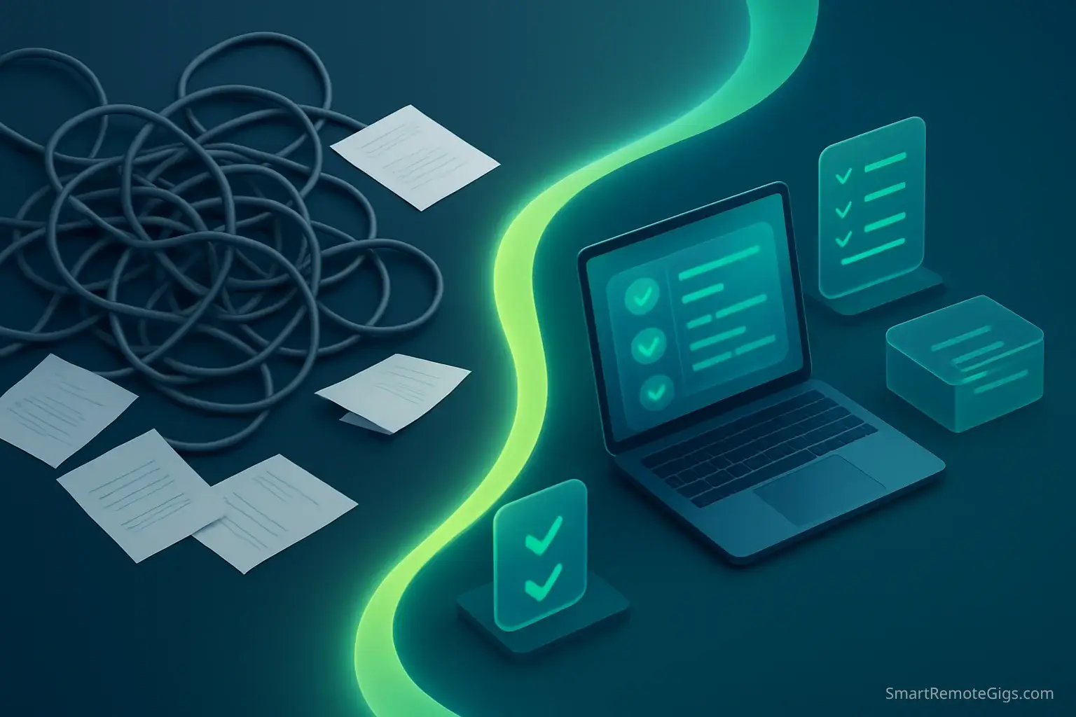 An illustration showing the transformation from a chaotic, messy desk to an organized, modern workspace powered by project management software.