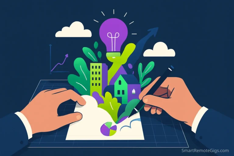 Illustration of creative hands building a professional portfolio piece on a blank canvas, symbolizing how to create a portfolio with no clients.