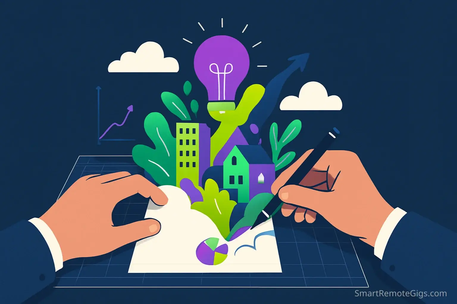 Illustration of creative hands building a professional portfolio piece on a blank canvas, symbolizing how to create a portfolio with no clients.