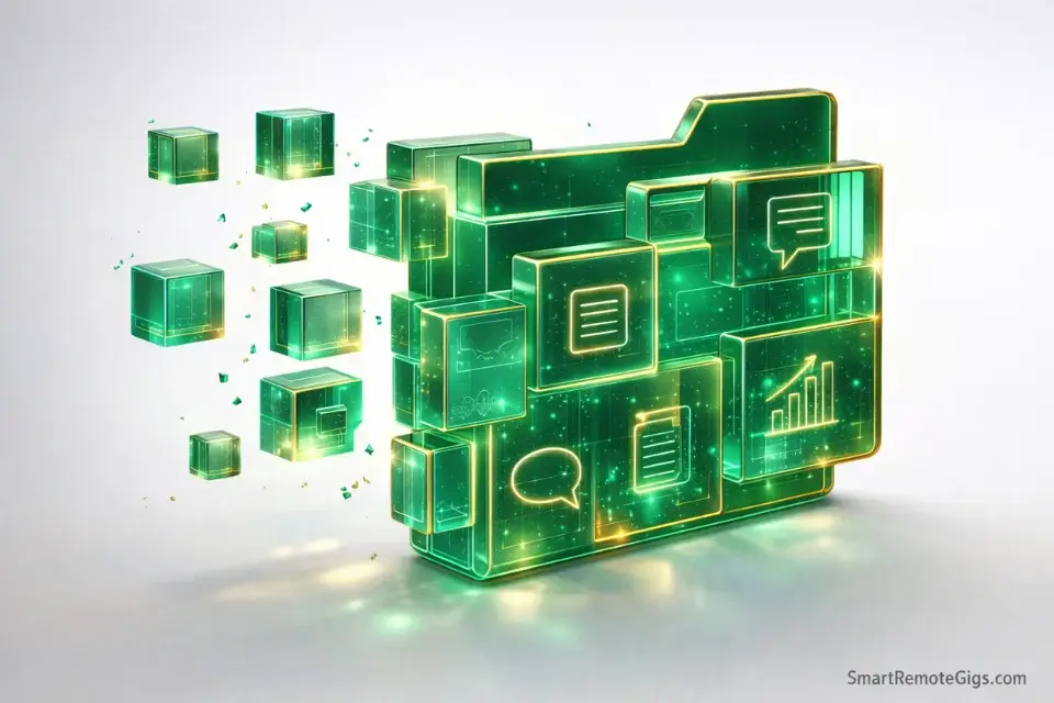 A digital portfolio being constructed from scratch using skill blocks, representing the Shadow Portfolio method.