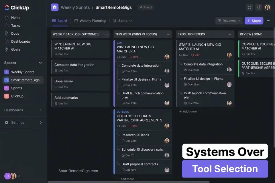 Screenshot of a ClickUp weekly planning template showing outcomes and task management for remote workers.