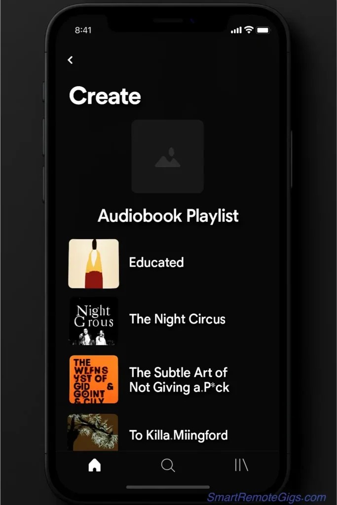 A conceptual UI/UX design mockup of a new audiobook playlist feature for a music app, shown on a smartphone as a portfolio example.