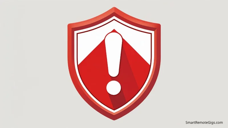 A bold warning graphic with a large red exclamation mark inside a shield, illustrating the dangers of remote job scams.