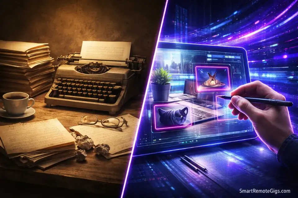 Comparison of old manual data entry typing versus modern AI image annotation and data training tasks.