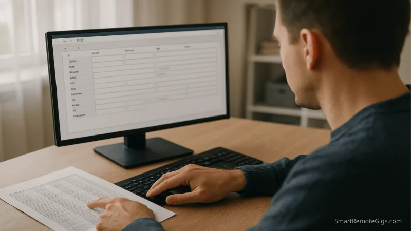 Over-the-shoulder view of a person working on a data entry task, with one hand on the keyboard and the other holding a source document for cross-referencing.