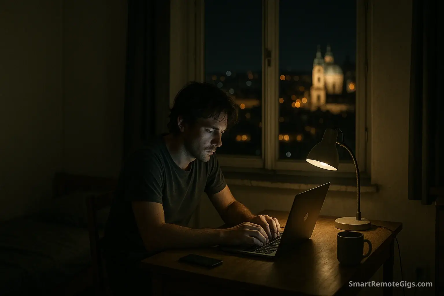 A solo digital nomad sits on their backpack on a dimly lit train platform, looking weary, illustrating the exhausting reality of the nomad lifestyle.