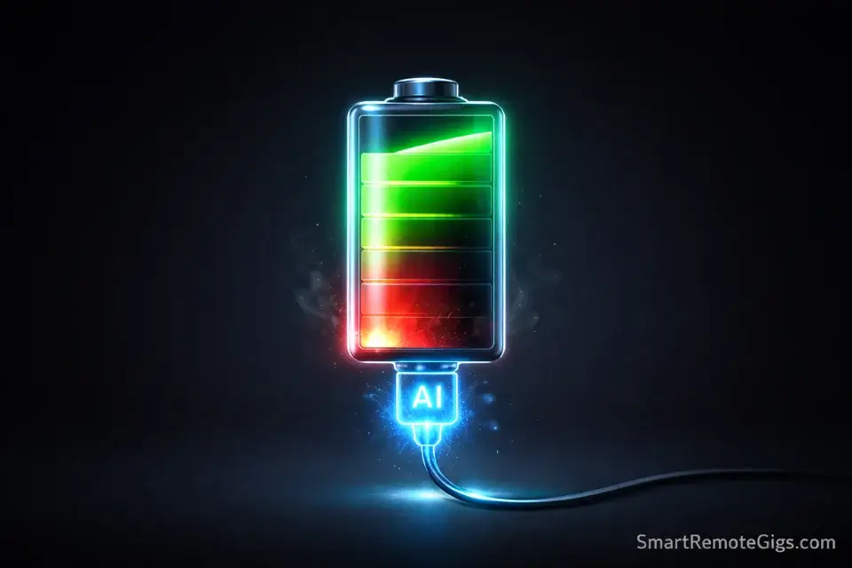 A battery icon representing employee energy levels recharging through the use of AI tools.