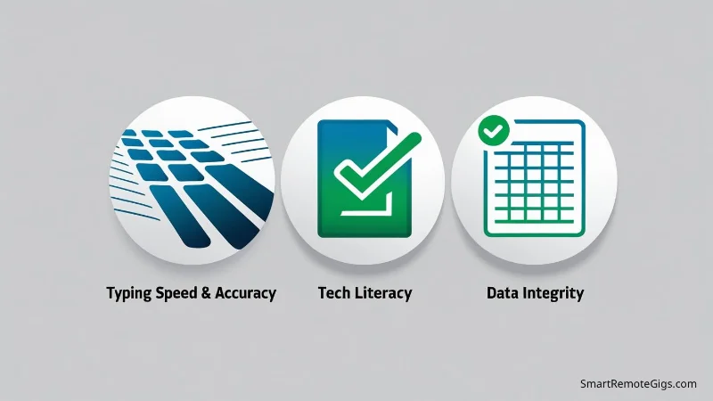 Infographic displaying three key skills for data entry: Typing Speed & Accuracy with a keyboard icon, Tech Literacy with a spreadsheet icon, and Data Integrity with a checkmark icon.