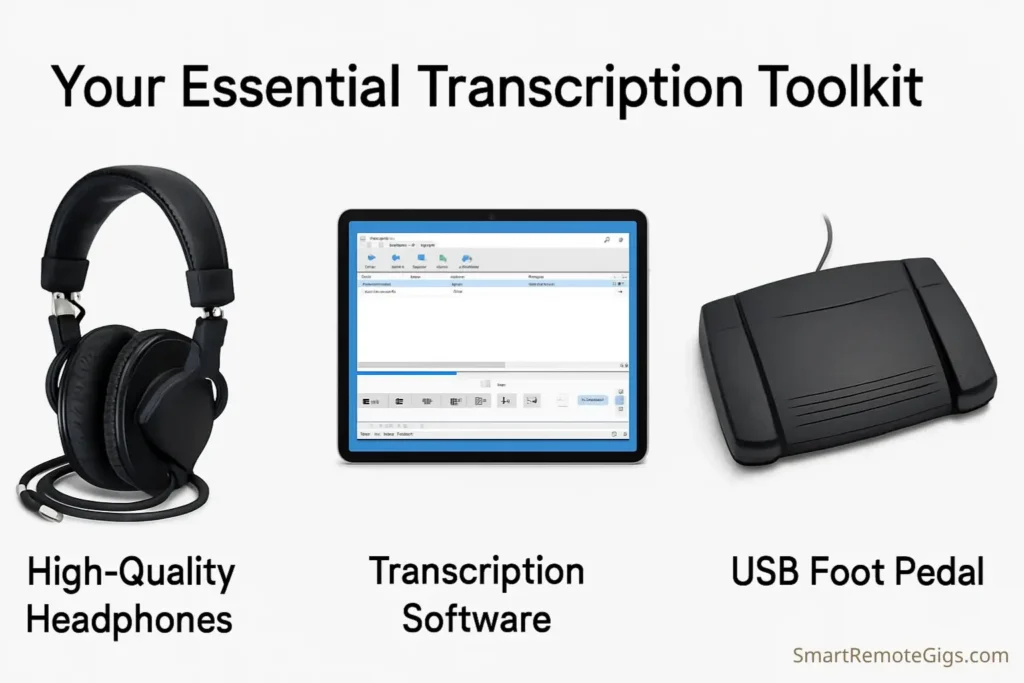 A flat lay infographic showcasing the three essential pieces of transcription gear: professional headphones, a USB foot pedal, and transcription software shown on a tablet screen.