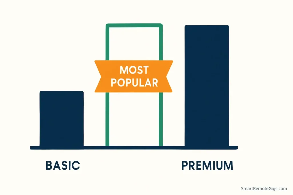 Infographic of the 3-tier Fiverr pricing structure, visually comparing a small Basic package, a highlighted Standard package, and a large Premium package.