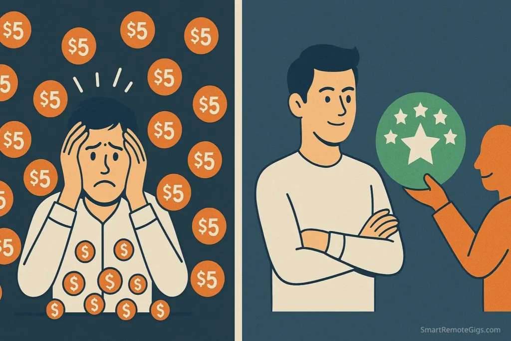 A split-screen image showing the pros and cons of a $5 Fiverr gig: one side depicts a stressed seller with low pay, the other shows a happy seller earning a 5-star review.