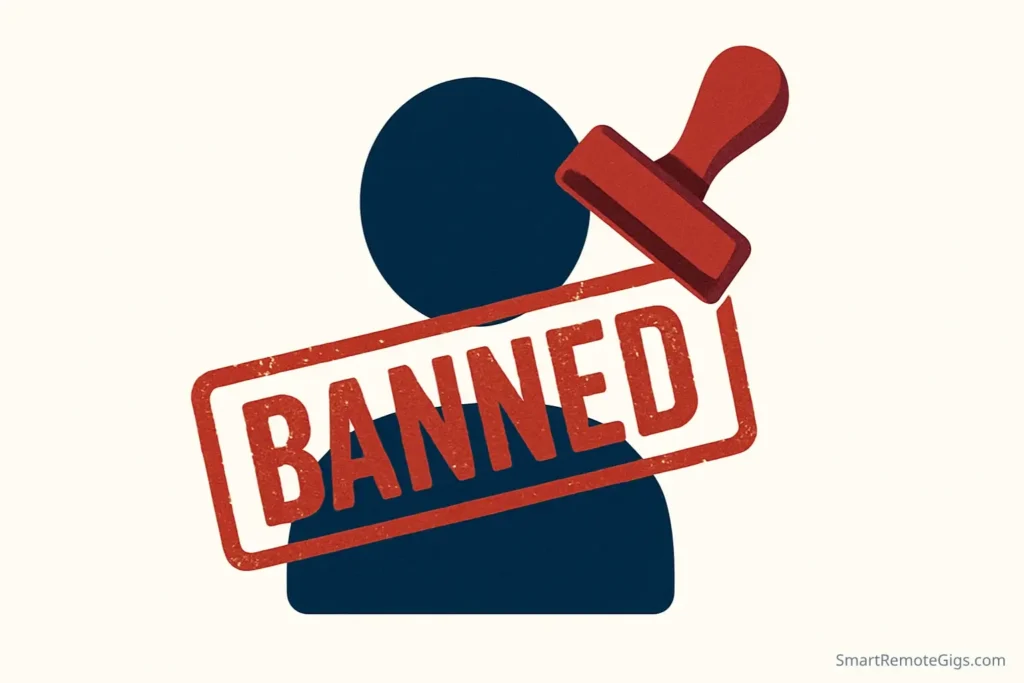 A cautionary illustration showing a user profile with a large red 'BANNED' stamp over it, warning against using fake reviews on Fiverr.