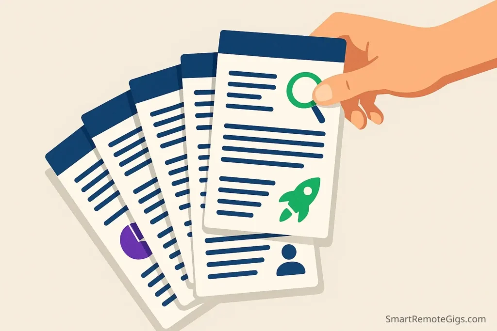 Illustration of five copy-and-paste templates for Fiverr buyer requests, showing how easy it is to select the right one for any situation.