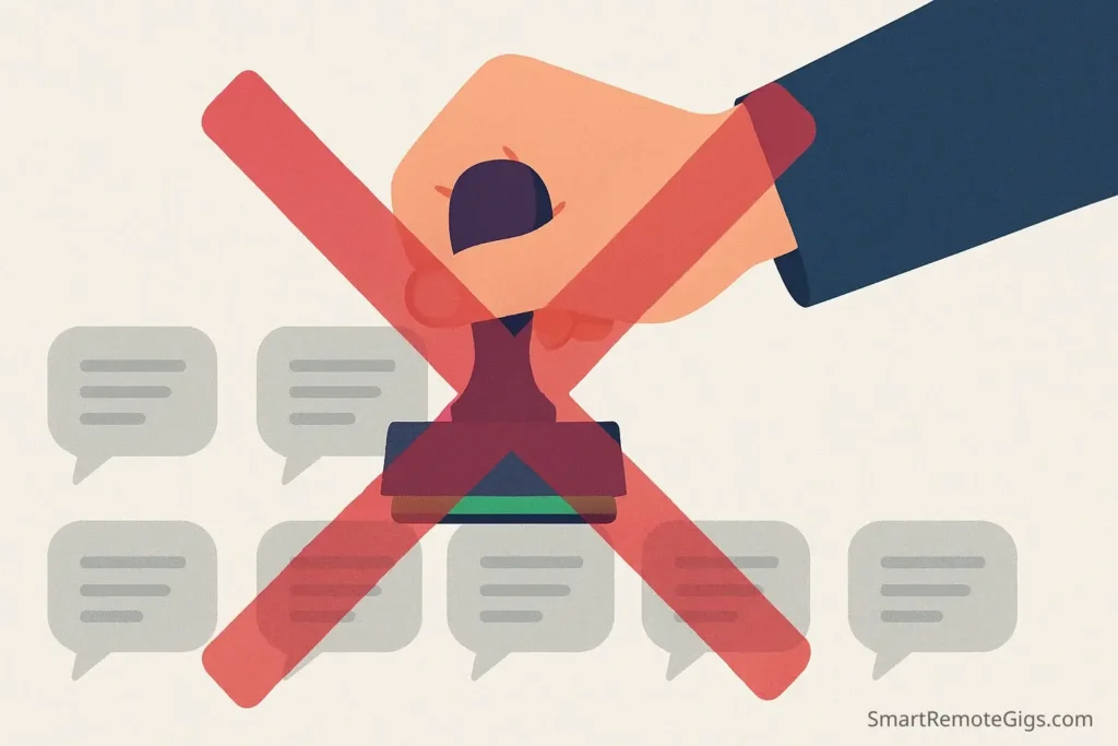 A warning illustration showing a hand creating generic, stamped messages, symbolizing the mistake of sending non-personalized buyer request offers.