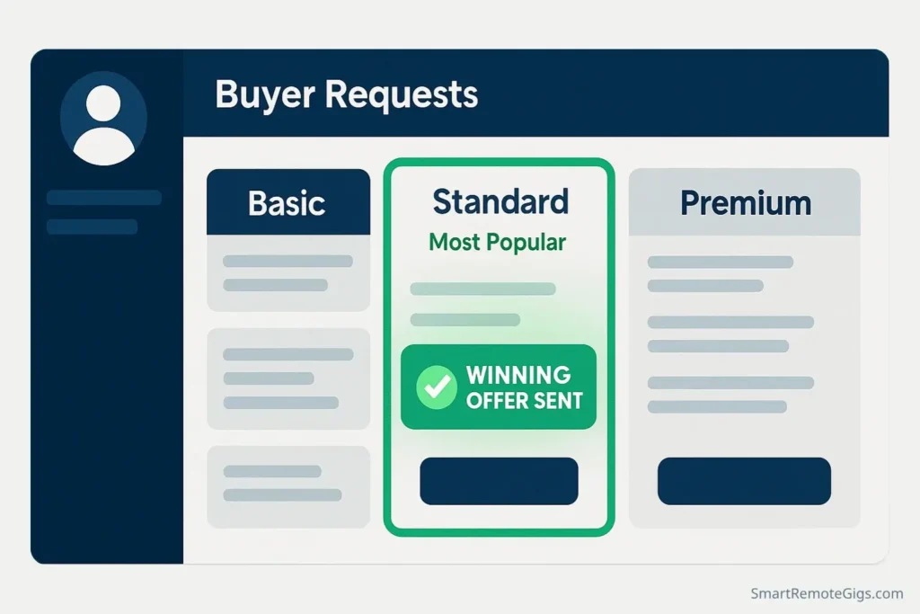 Illustration of the Fiverr Buyer Requests dashboard with one offer highlighted as a winning proposal.