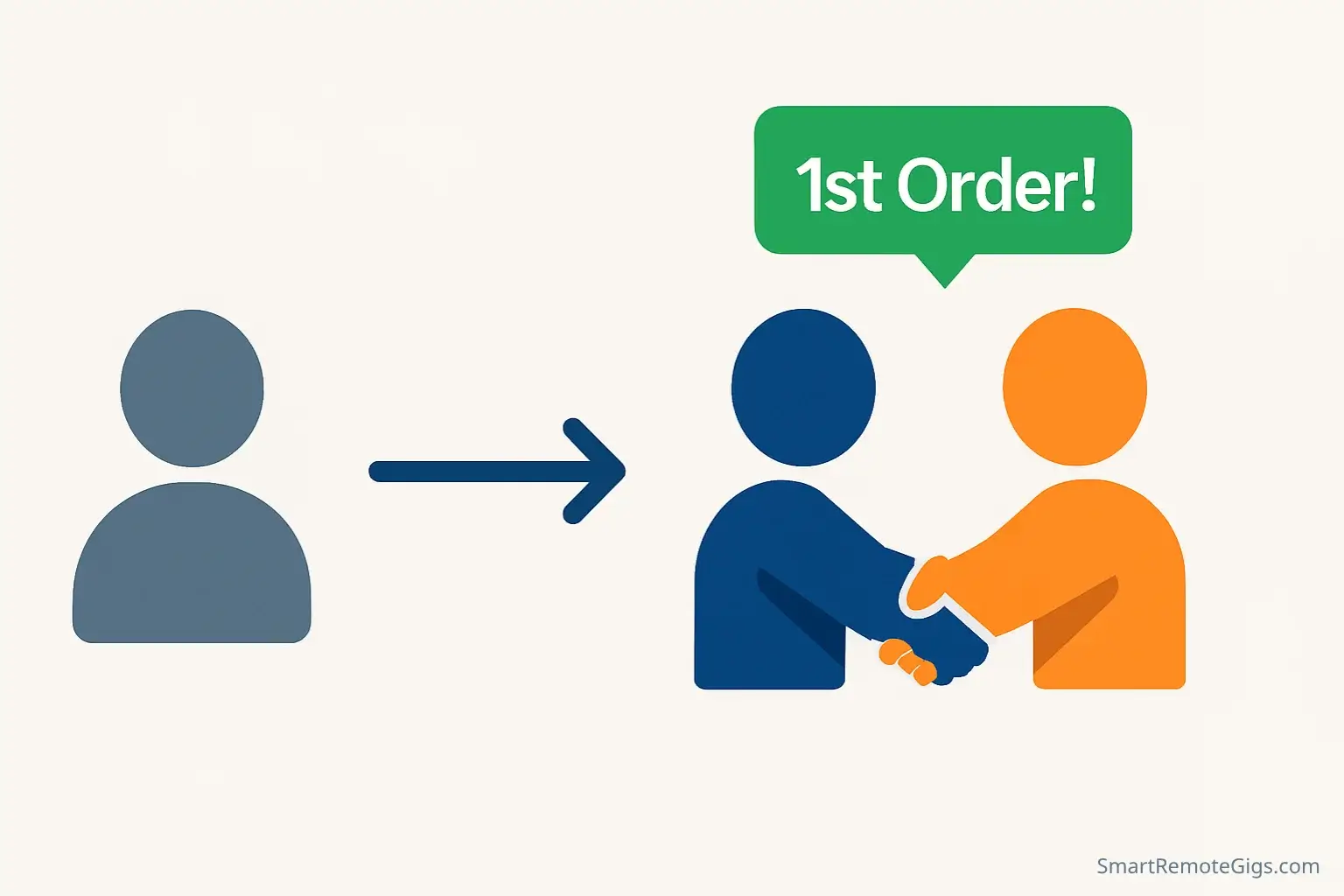 Illustration showing a freelancer's journey from a single gray profile to successfully getting their first order on Fiverr.