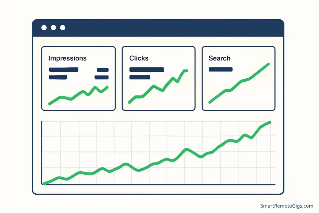 An analytics dashboard showing rising charts for Fiverr gig impressions, clicks, and search position, symbolizing successful SEO tracking.