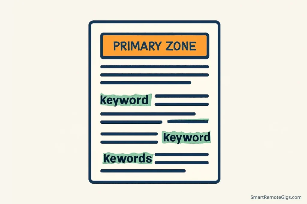 Infographic showing the critical SEO zones in a Fiverr gig description, with the first paragraph and bolded keywords highlighted.