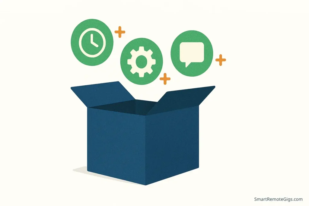 Illustration showing a central service package with several 'gig extra' icons like fast delivery and source files being added, symbolizing an upsell strategy.