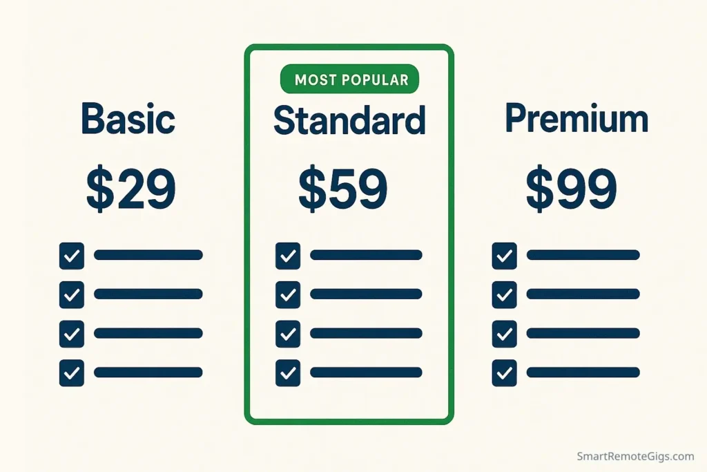 Infographic illustrating a three-tier pricing strategy with a Basic, Standard, and Premium package for a Fiverr gig.