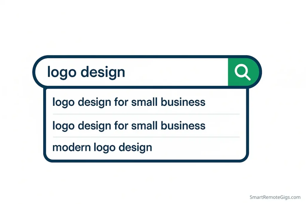 Illustration of the Fiverr search bar showing autocomplete suggestions for 'logo design' to find keywords for gig SEO.