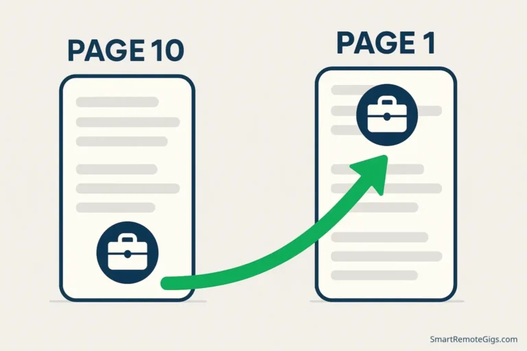 Illustration showing a Fiverr gig moving from page 10 to the number one spot on page 1, demonstrating the goal of Fiverr Gig SEO.