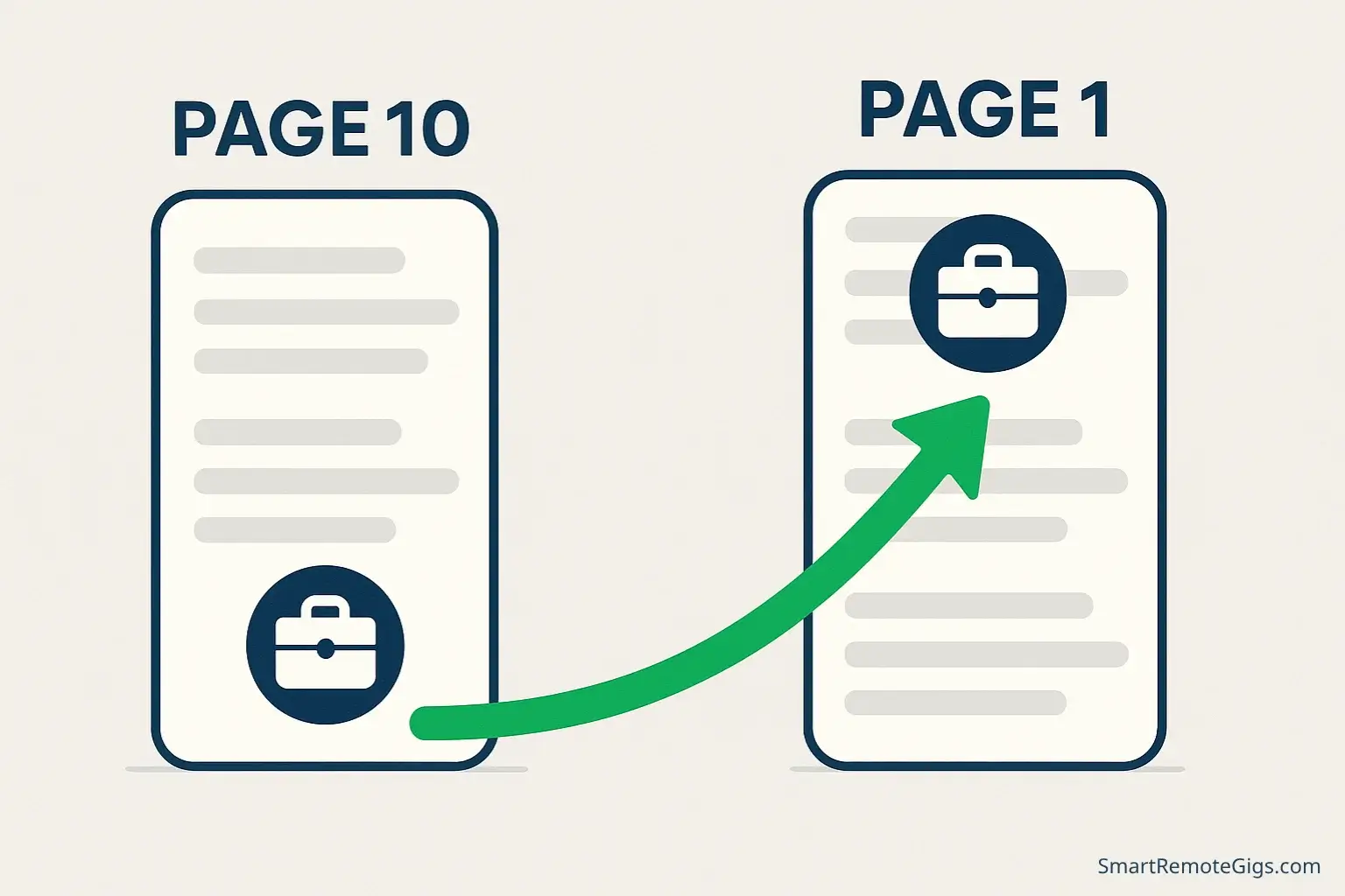 Illustration showing a Fiverr gig moving from page 10 to the number one spot on page 1, demonstrating the goal of Fiverr Gig SEO.