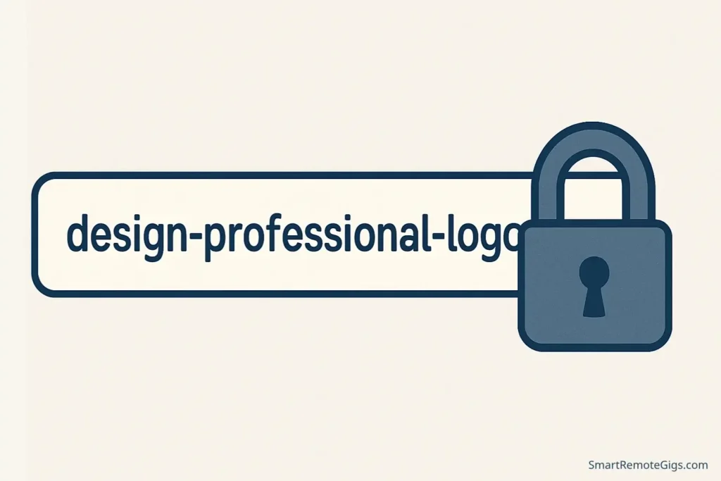 Illustration of a locked padlock on a Fiverr gig URL, symbolizing that the URL is permanent and critical for long-term SEO.