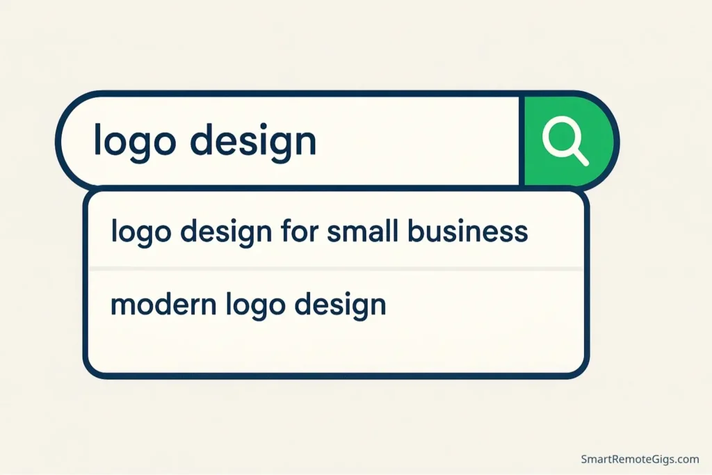 Visual example of using the Fiverr search bar's autocomplete feature for keyword research, showing suggestions for 'logo design'.