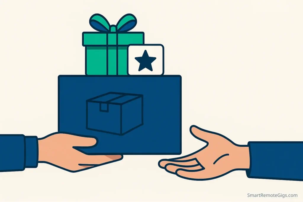 Metaphorical illustration of over-delivering on a Fiverr order by showing the main service package with a small bonus gift attached.