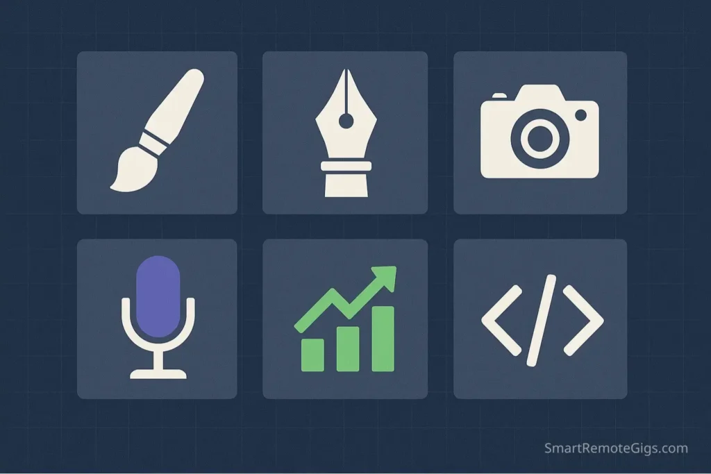 A grid of icons representing different freelancer professions like writers, designers, and developers, for which portfolio ideas are provided.