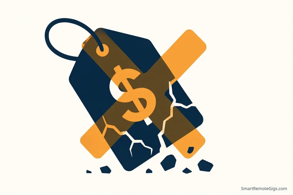 A cautionary graphic of a crumbling price tag with a large orange X over it, symbolizing common pricing mistakes to avoid on Fiverr.