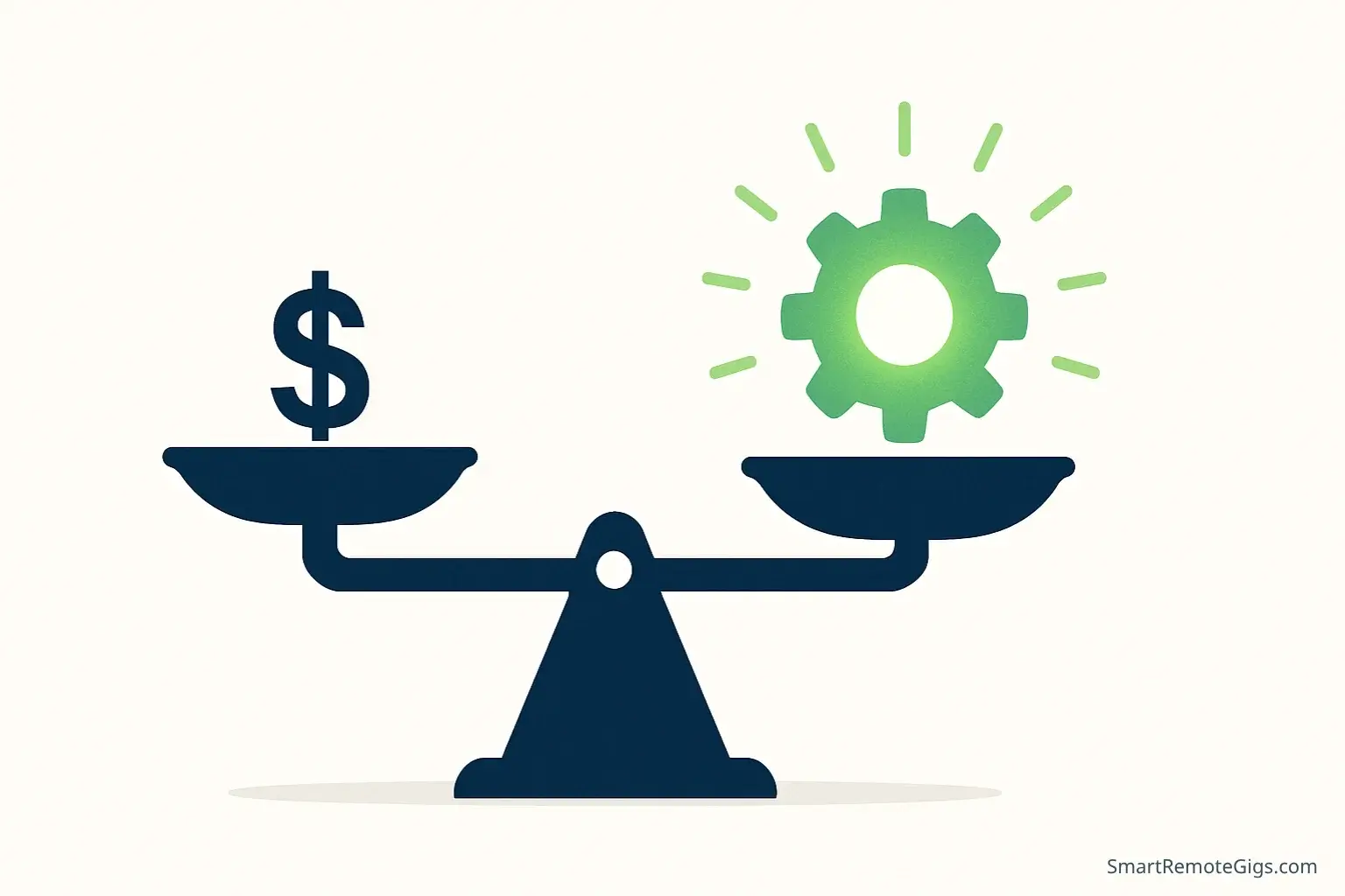 Illustration of a scale weighing a small dollar sign against a larger, more significant 'value' icon, symbolizing a smart Fiverr pricing strategy.