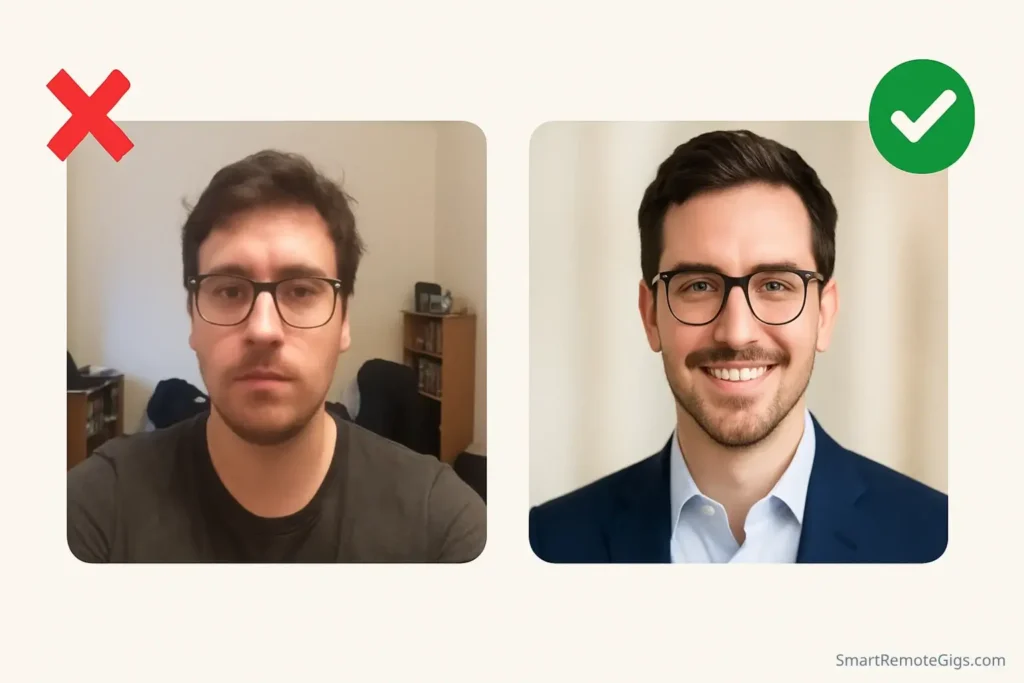 A side-by-side comparison of a good vs. bad Fiverr profile picture. The good photo is a professional headshot; the bad one is a blurry selfie.