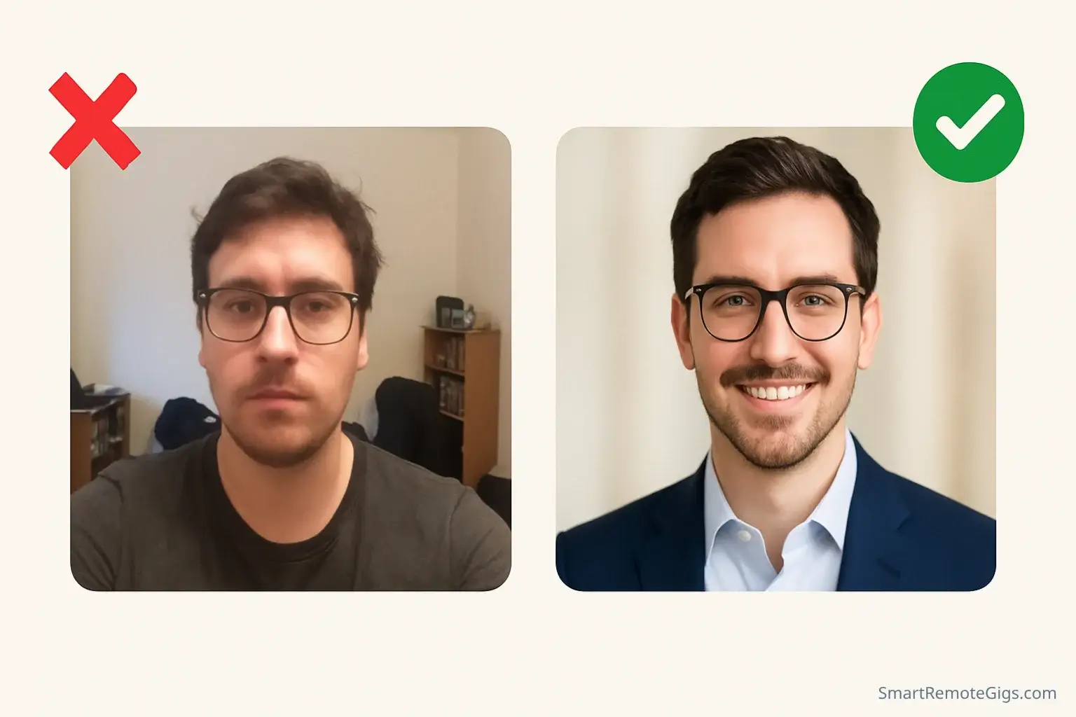 A side-by-side comparison of a good vs. bad Fiverr profile picture. The good photo is a professional headshot; the bad one is a blurry selfie.