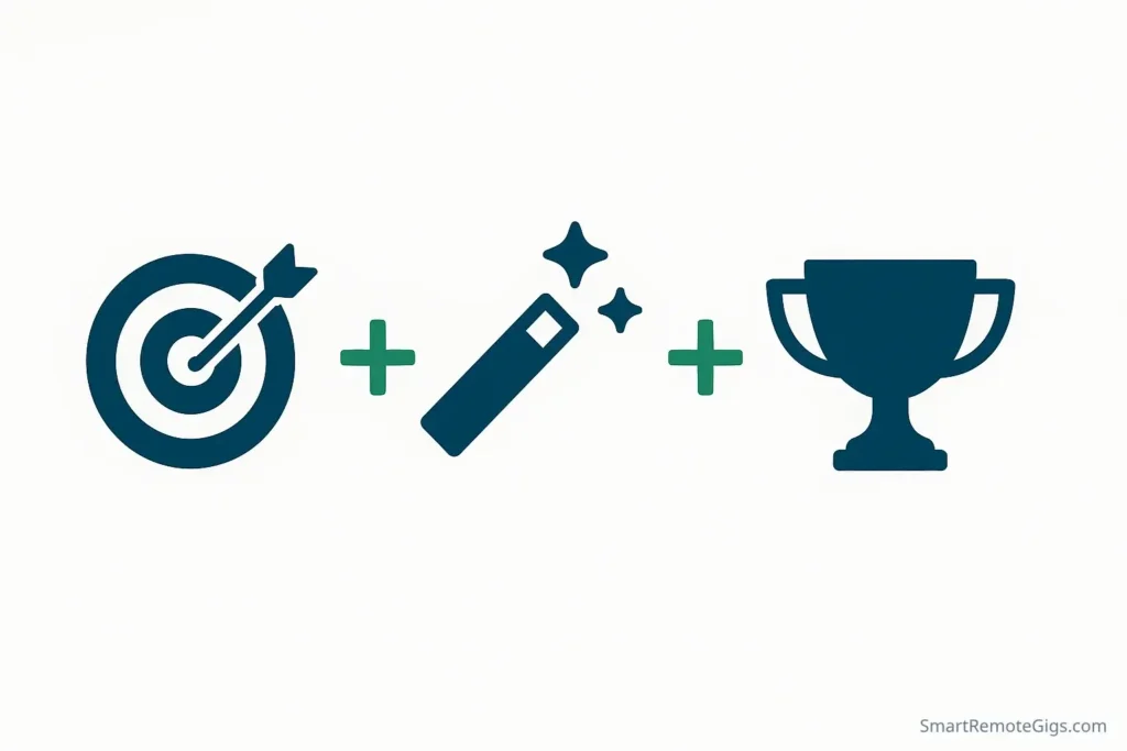 Infographic showing the Fiverr bio formula: an icon for 'Who I Help', 'How I Help Them', and 'Proof', connected by plus signs.