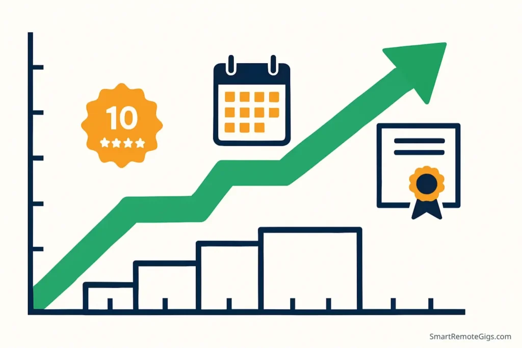 A chart showing a freelancer's prices increasing over time, with milestones like '10 reviews' and 'new skill' triggering each strategic price raise.