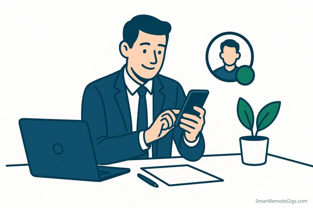 Illustration of a professional freelancer who is online now on the Fiverr app, showing responsiveness and readiness to work.