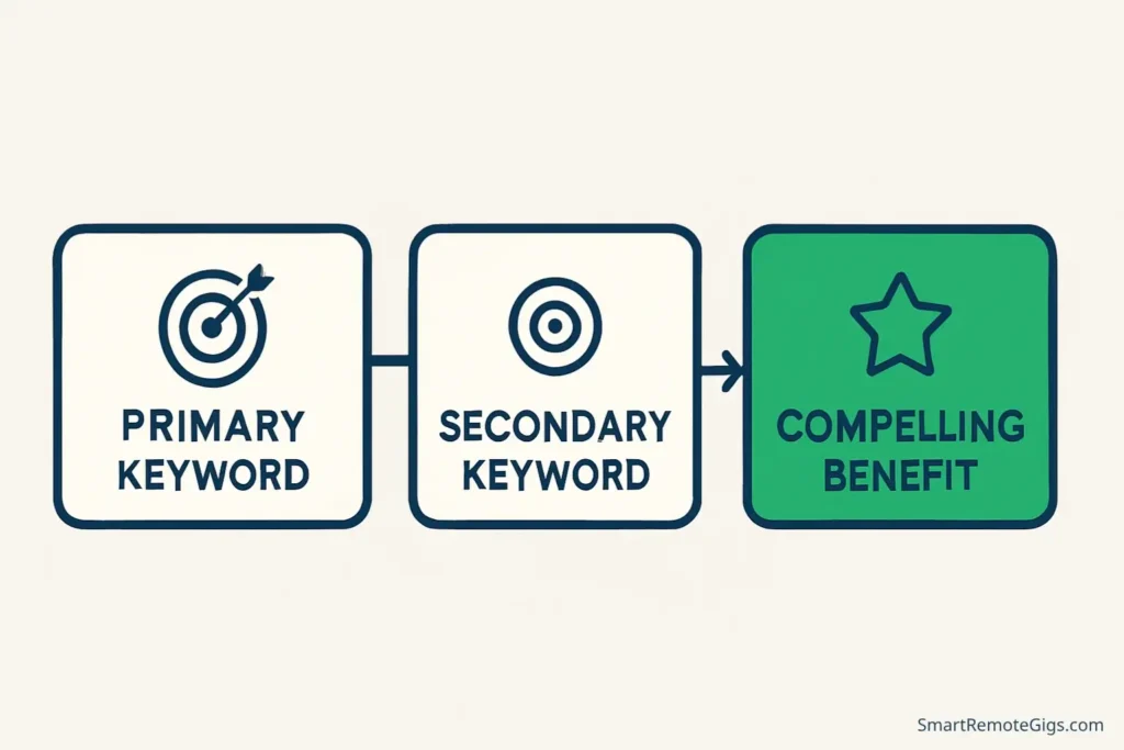 Infographic showing the formula for an SEO-driven Fiverr gig title: Primary Keyword, plus Secondary Keyword, plus a Compelling Benefit.