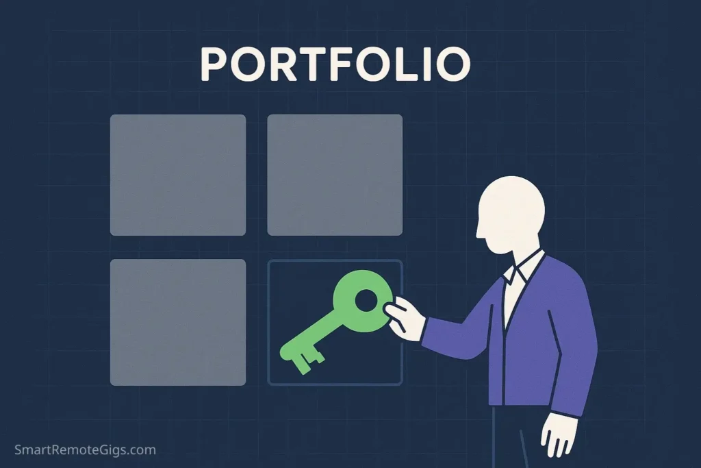 Illustration defining spec work as a secret weapon, showing a freelancer placing a key-shaped project into an empty portfolio.