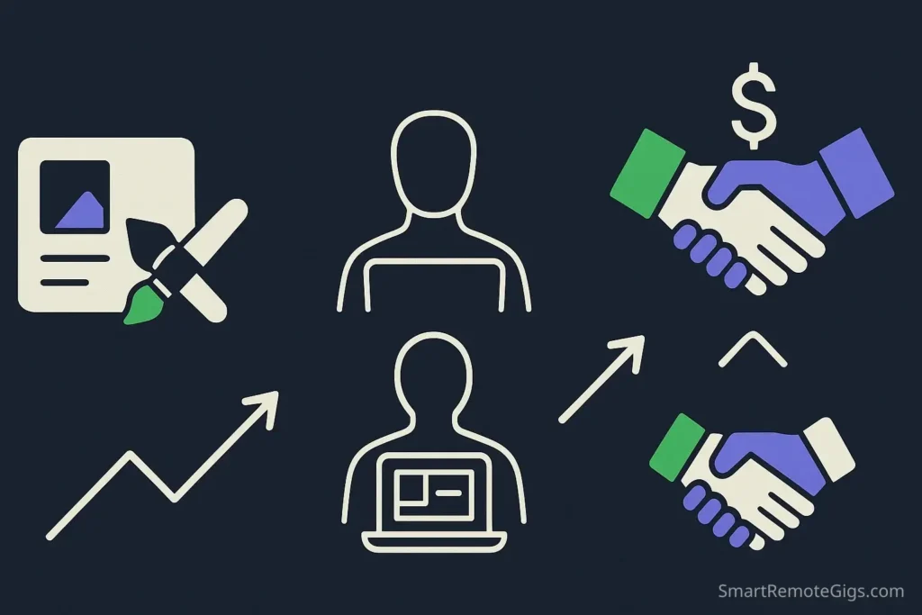 An infographic showing the three steps from creating spec work to getting viewed by a client, and finally to landing a paying project.
