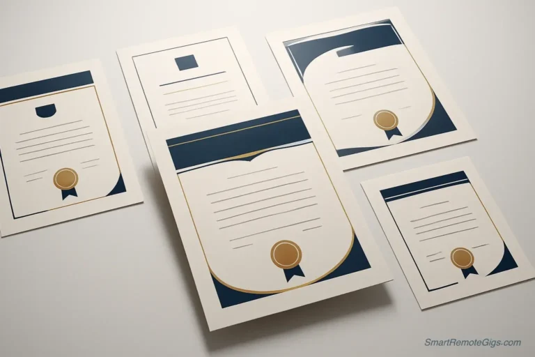 A collection of five professional-looking digital certificates, representing the free certifications that can help you land a remote job.