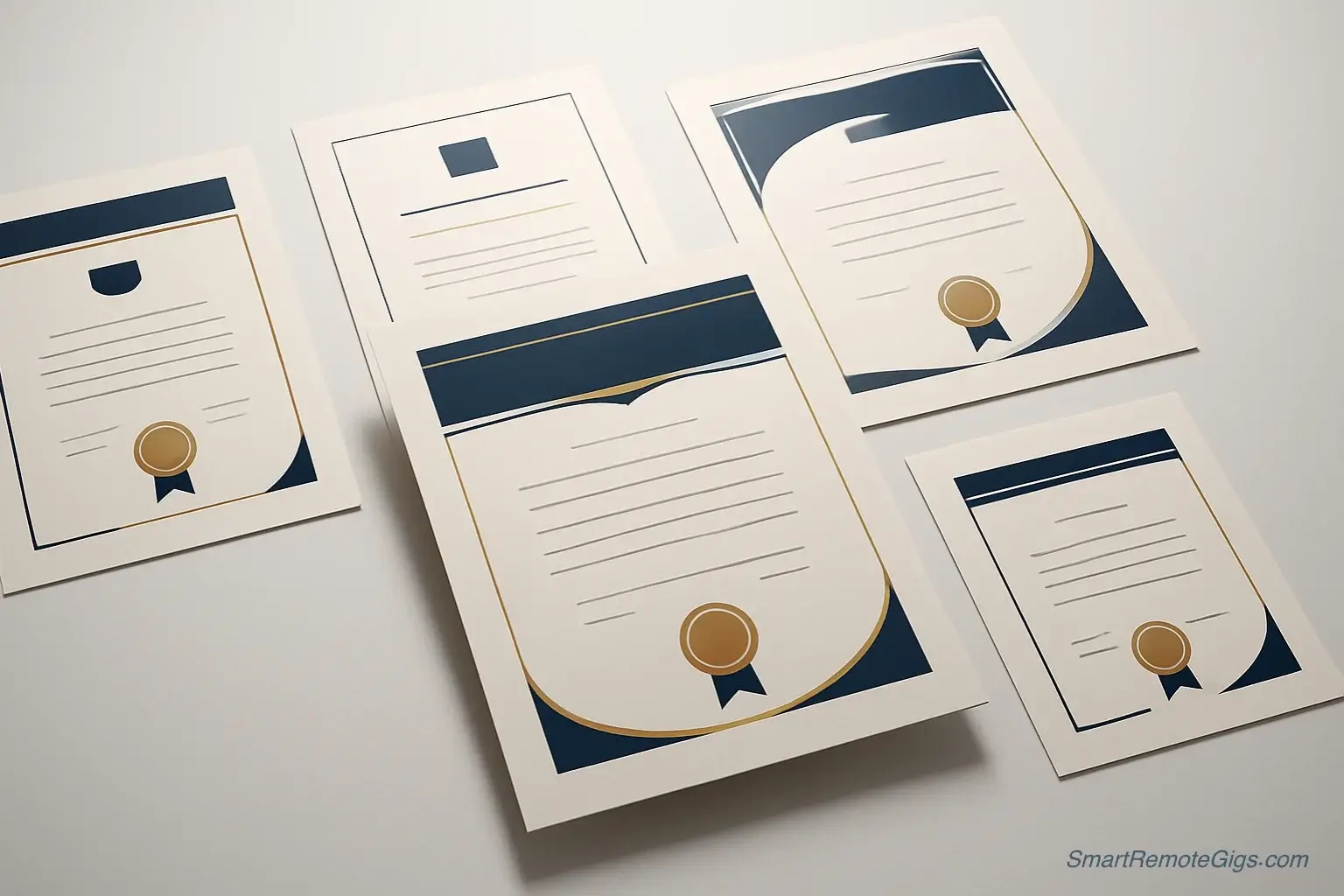 A collection of five professional-looking digital certificates, representing the free certifications that can help you land a remote job.