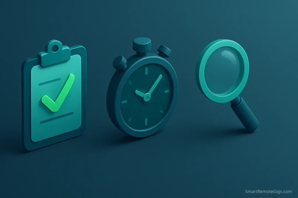 A set of 3D icons representing our review process: a checklist for features, a stopwatch for ease of use, and a magnifying glass for analysis.