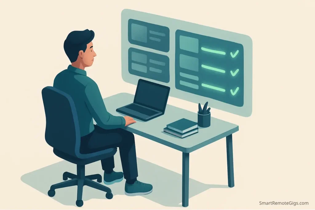 An illustration of a calm and successful freelancer using a holographic interface to manage their projects efficiently.